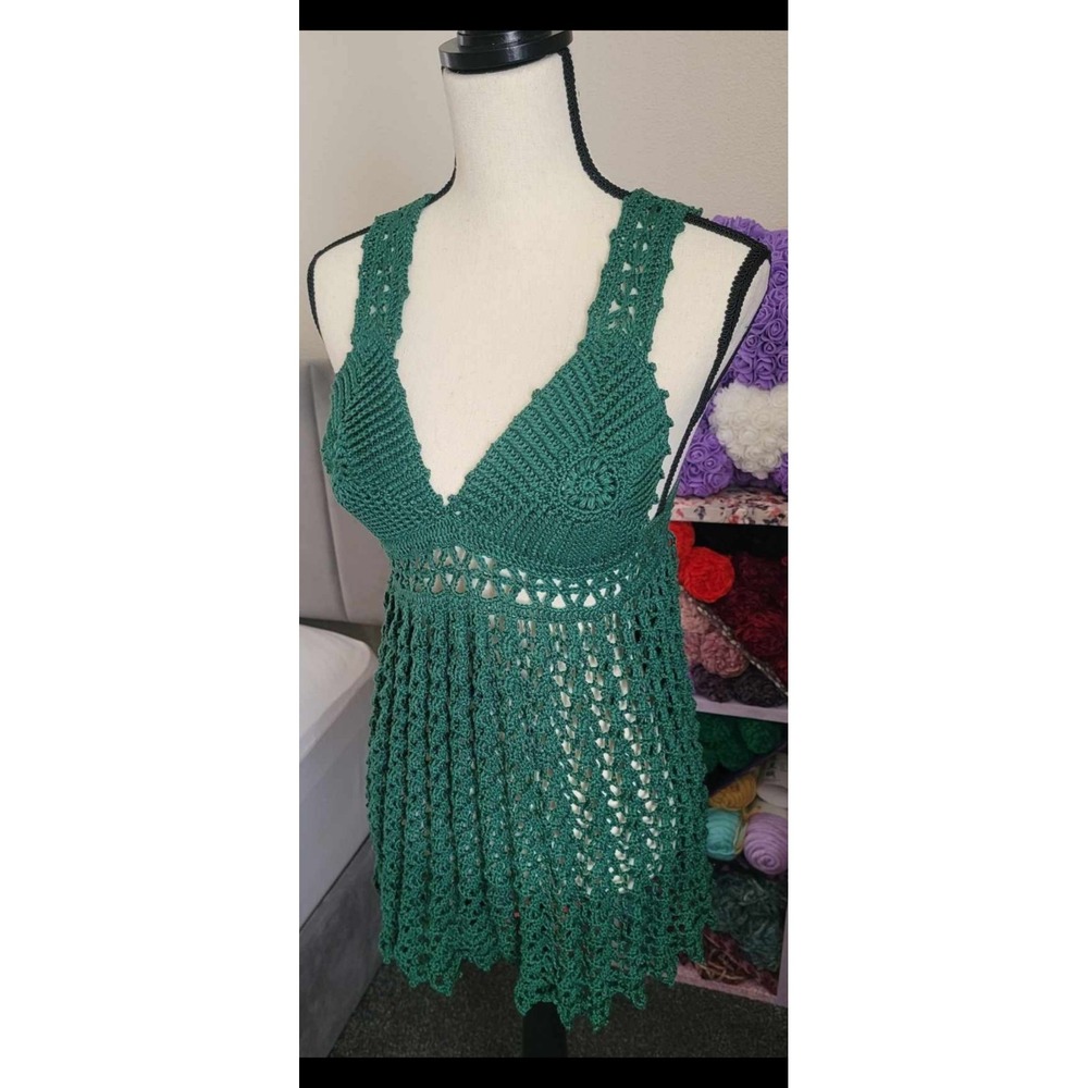 Handmade Crochet Cotton Babydoll Top Green Boho Lace Up Back L XXL